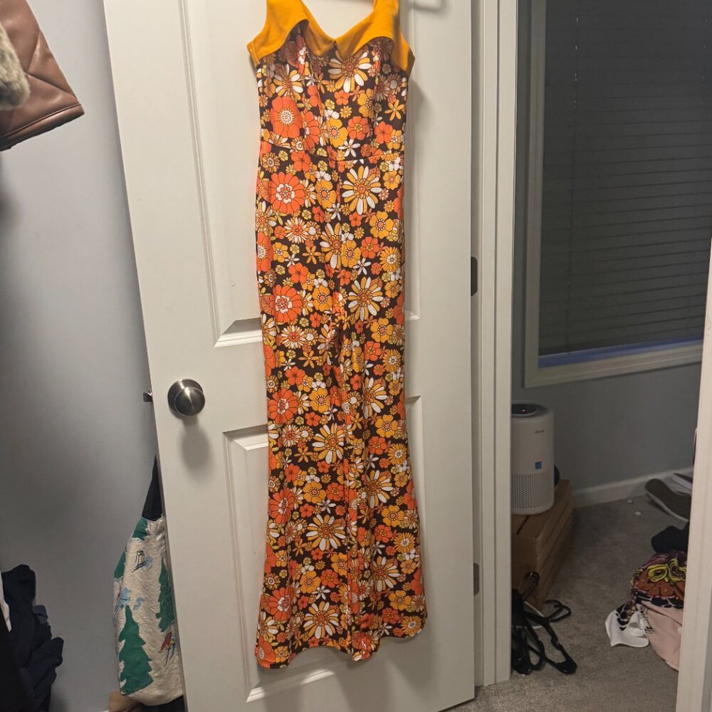 Retro 70s Floral Wide Leg Jumpsuit Orange Brown Boho Daisy Small - Picture 6 of 10